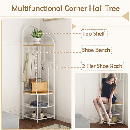 4-Tier Coat Rack Corner Hall Tree with Shoe Storage Bench-Natural