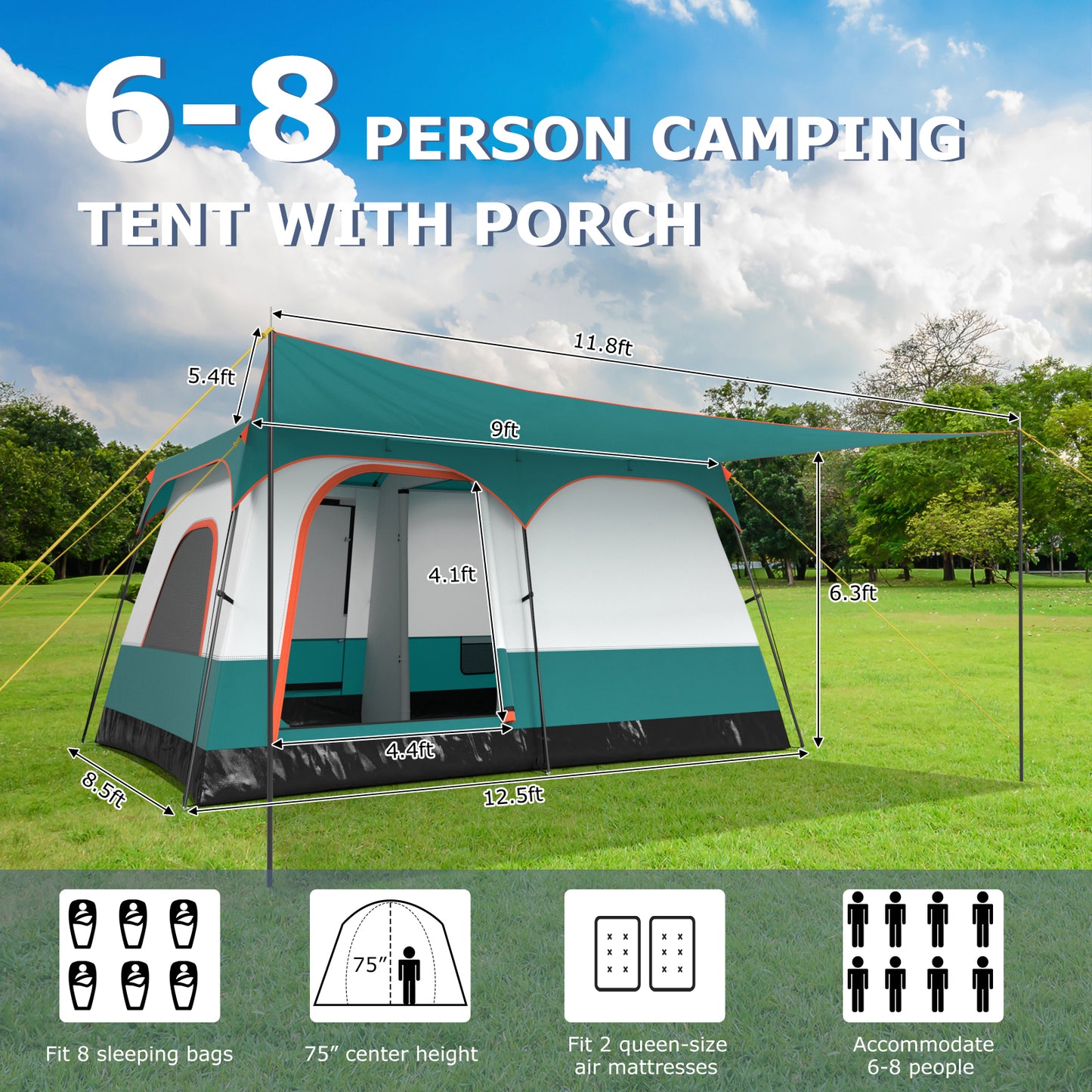 6-8 Person Camping Tent with Double Rooms and 2 Doors-Green Kids Crystal