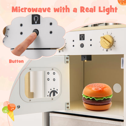 Wooden Kids Kitchen Playset with Chalkboard Ice Maker Sink Lighted Microwave-White
