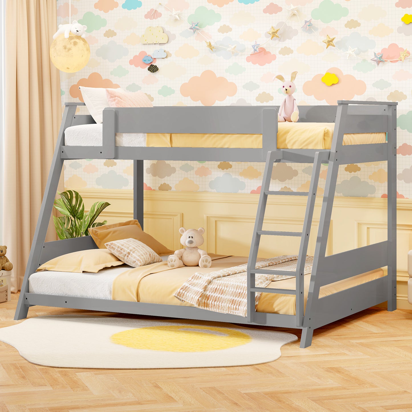 Twin Over Full Low Bunk Bed with Reversible Ladder-Gray Kids Crystal