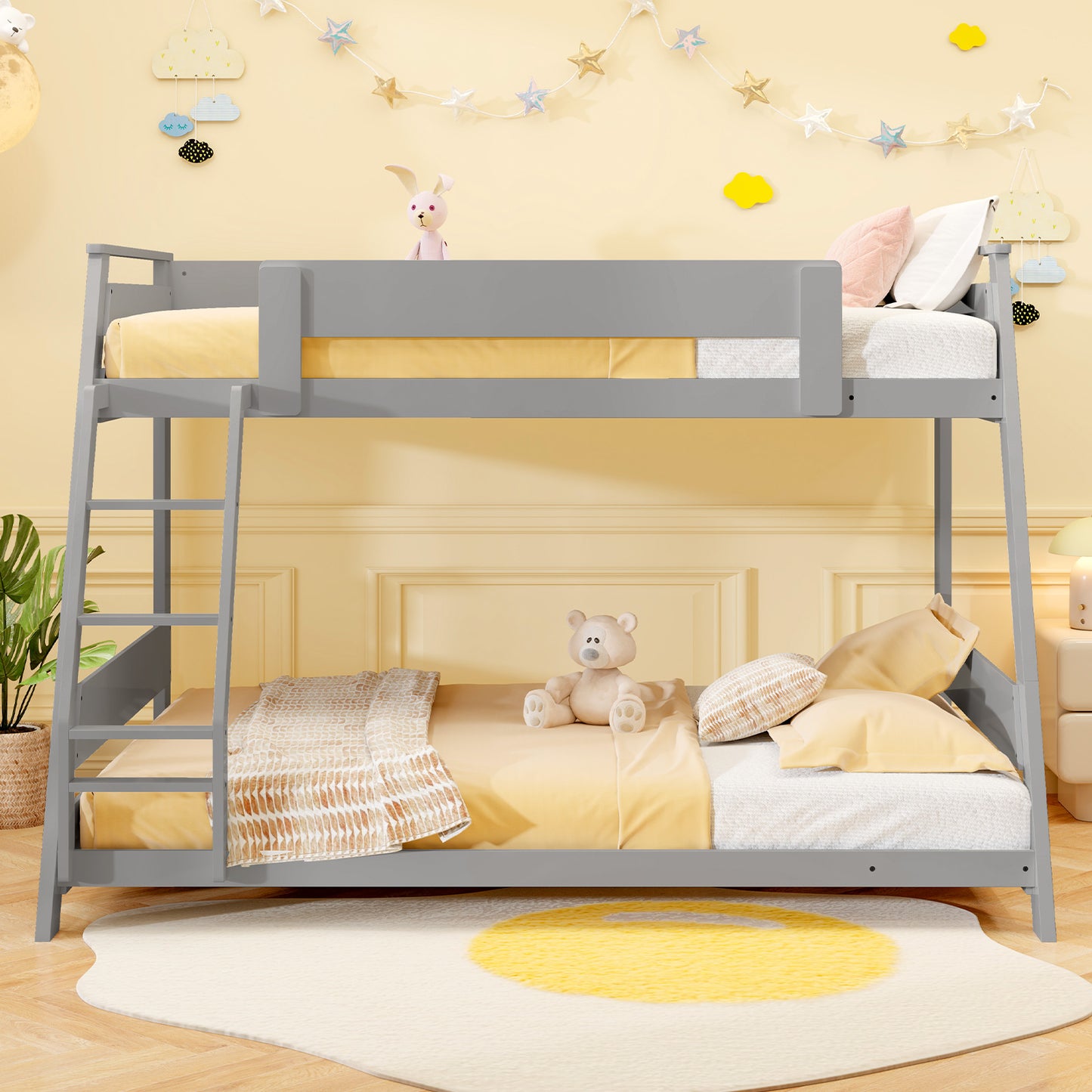 Twin Over Full Low Bunk Bed with Reversible Ladder-Gray Kids Crystal