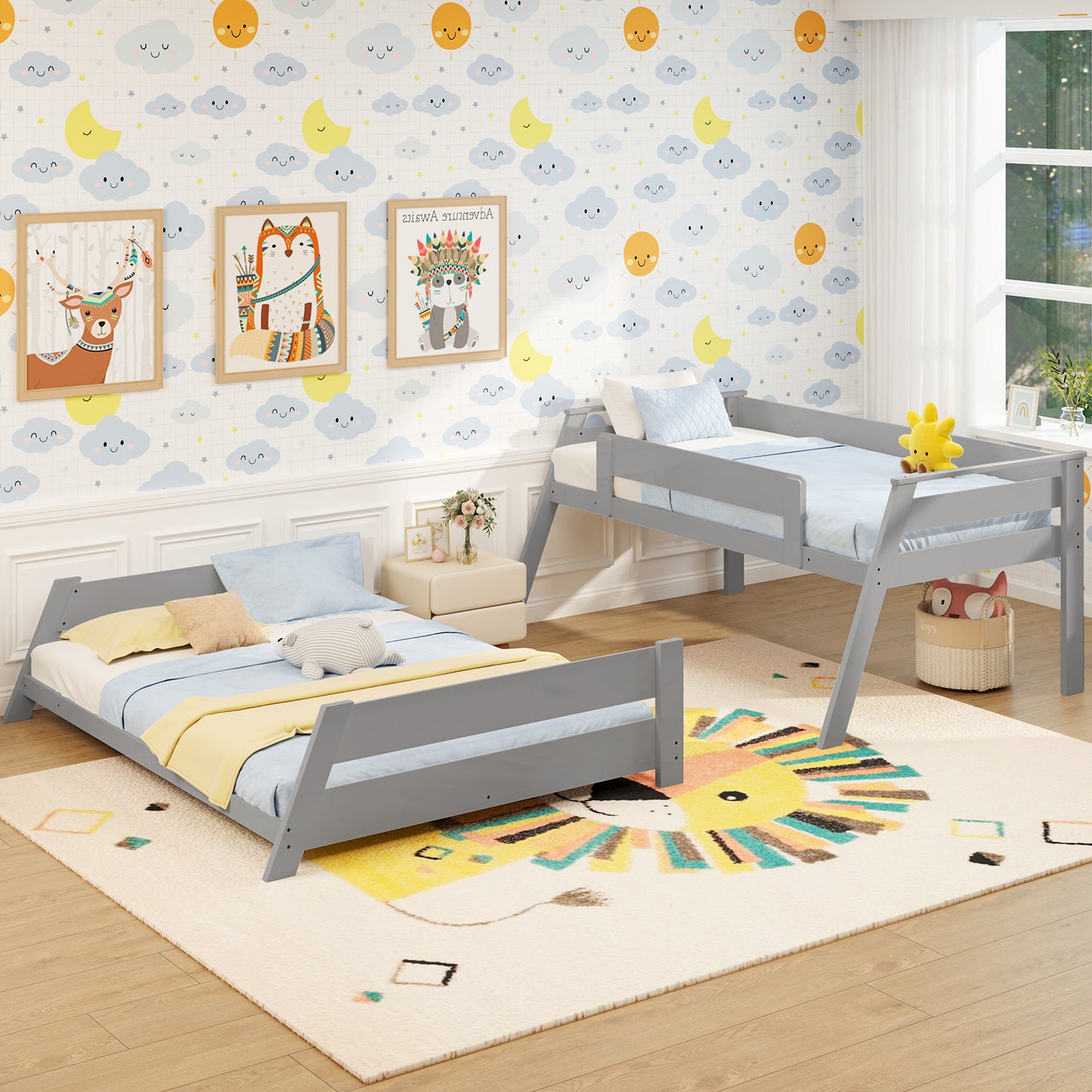 Twin Over Full Low Bunk Bed with Reversible Ladder-Gray Kids Crystal