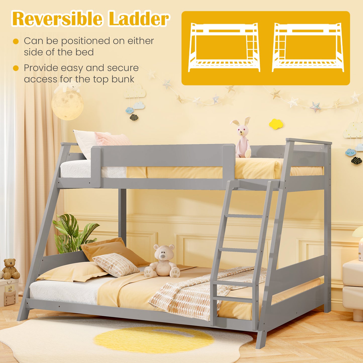 Twin Over Full Low Bunk Bed with Reversible Ladder-Gray Kids Crystal