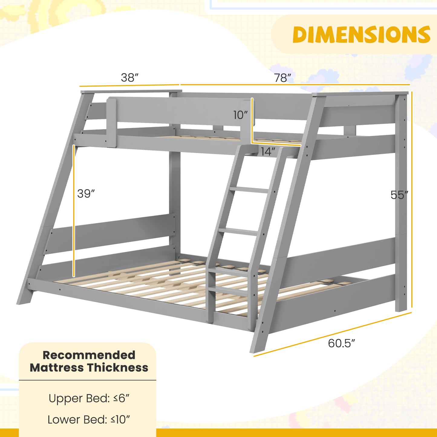Twin Over Full Low Bunk Bed with Reversible Ladder-Gray Kids Crystal