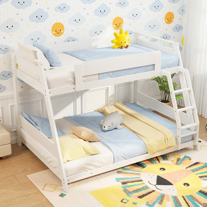 Twin Over Full Low Bunk Bed with Reversible Ladder-White