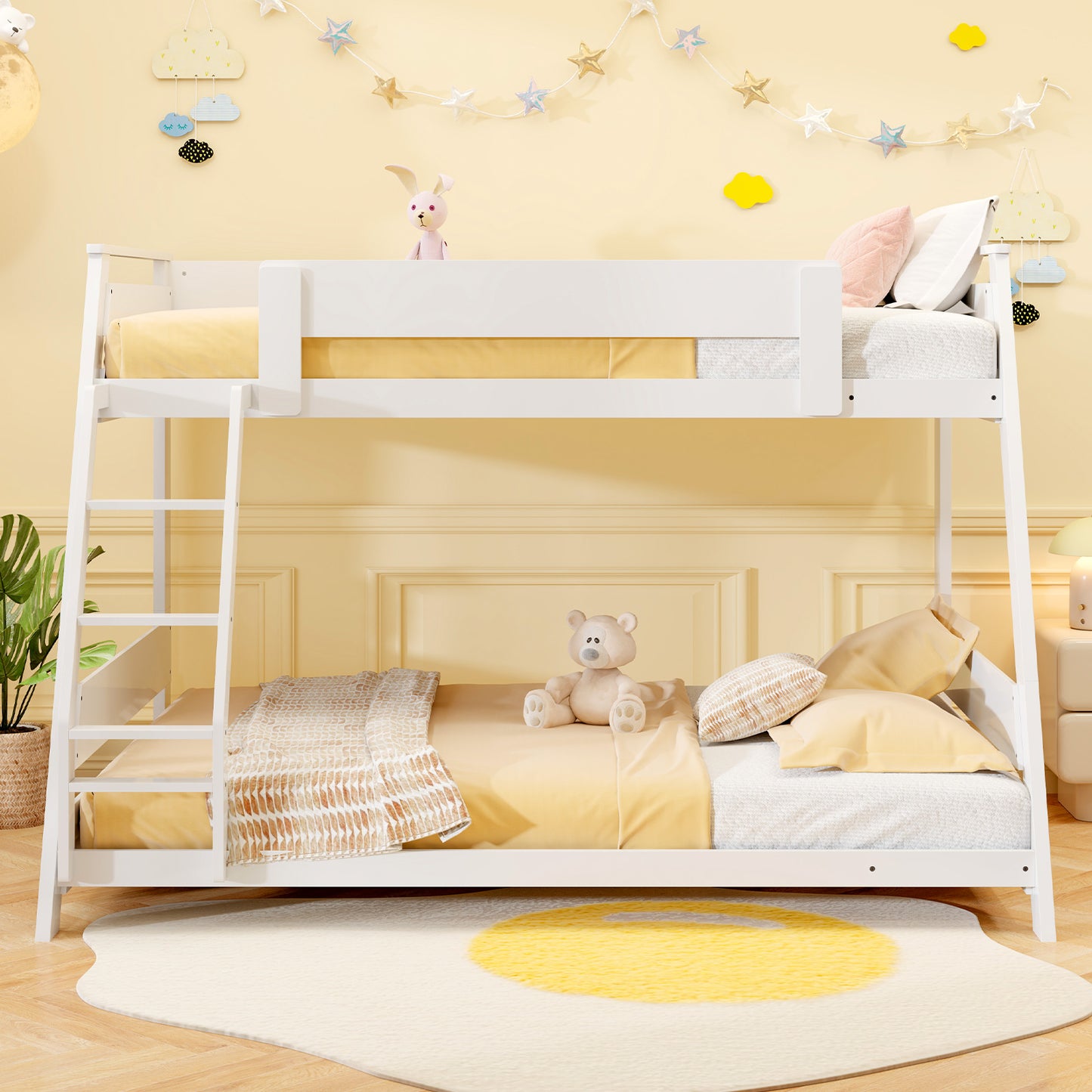 Twin Over Full Low Bunk Bed with Reversible Ladder-White Kids Crystal