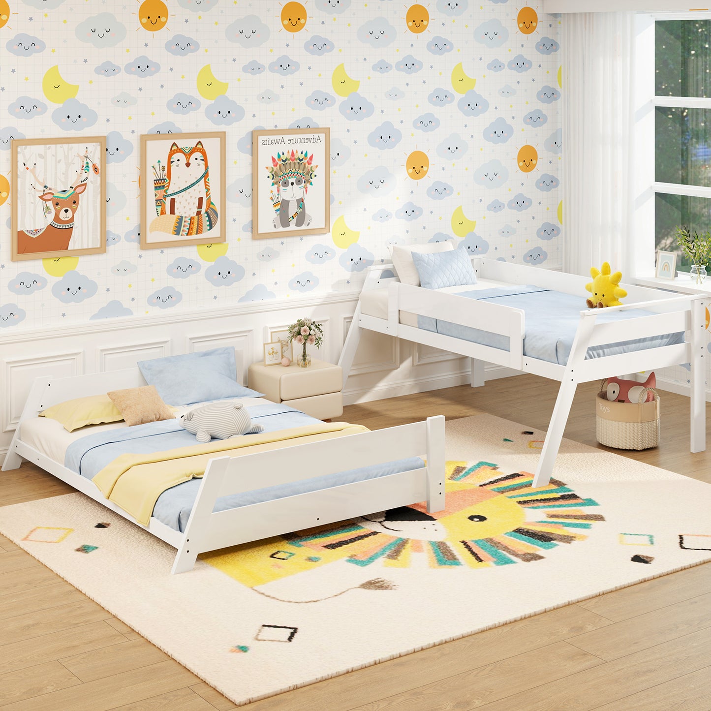 Twin Over Full Low Bunk Bed with Reversible Ladder-White Kids Crystal