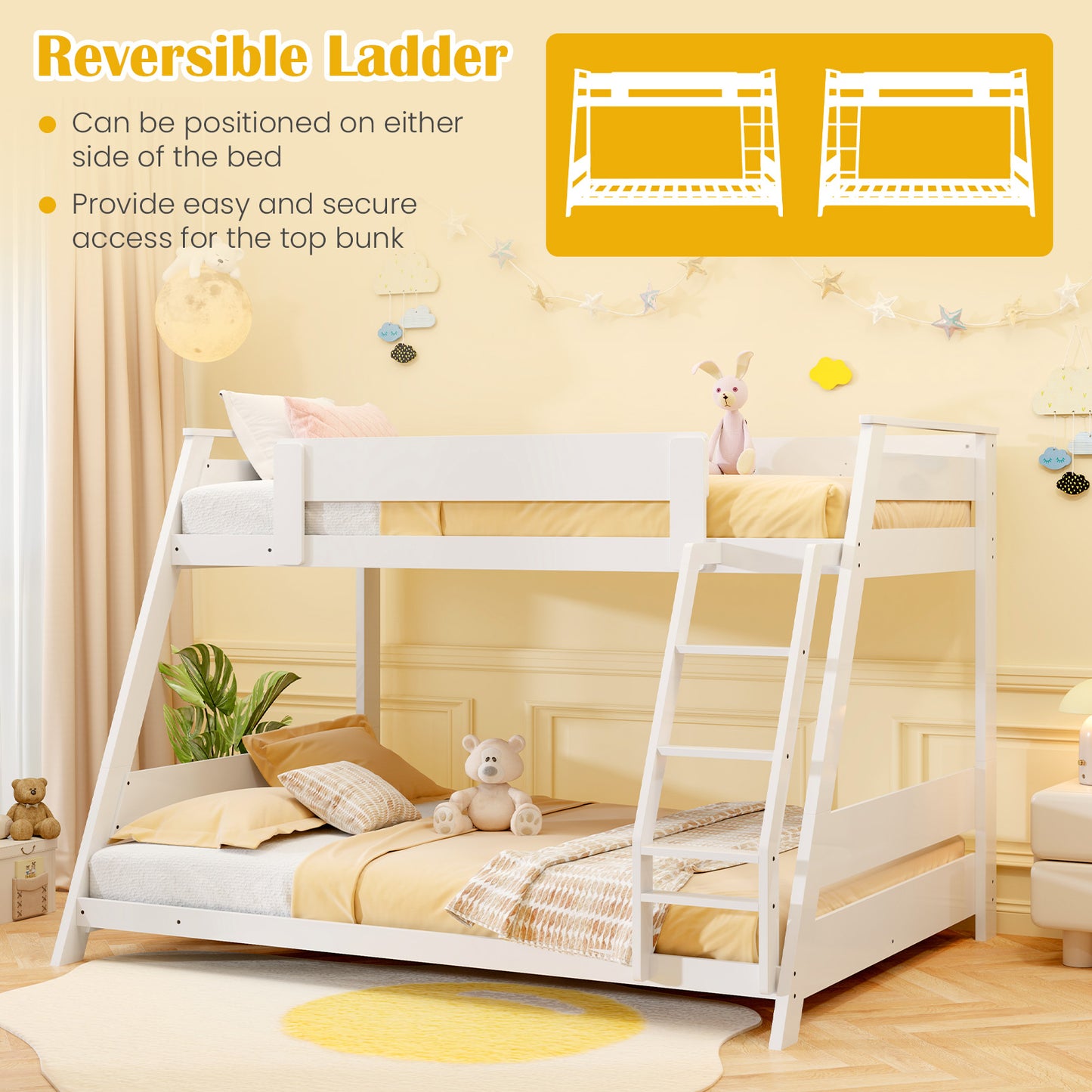 Twin Over Full Low Bunk Bed with Reversible Ladder-White Kids Crystal