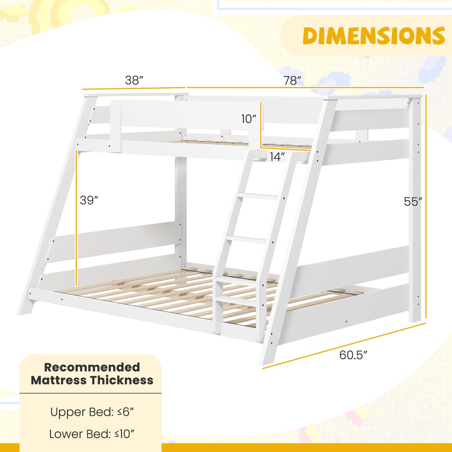 Twin Over Full Low Bunk Bed with Reversible Ladder-White Kids Crystal