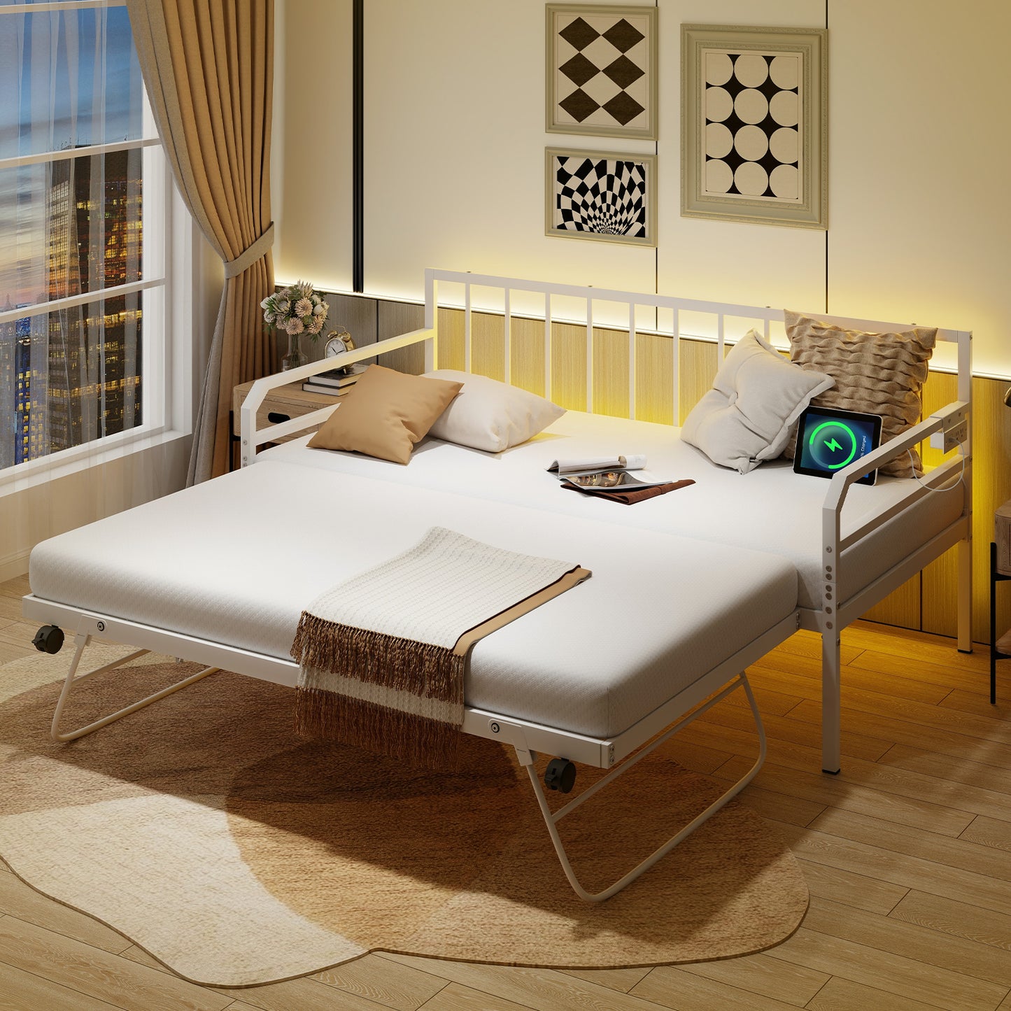 Adjustable Metal Twin Size Daybed with Charging Station and LED Light-White Kids Crystal