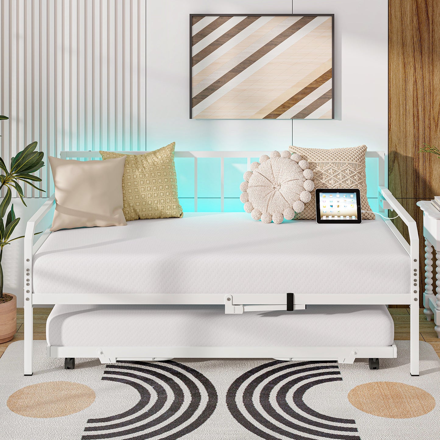 Adjustable Metal Twin Size Daybed with Charging Station and LED Light-White Kids Crystal