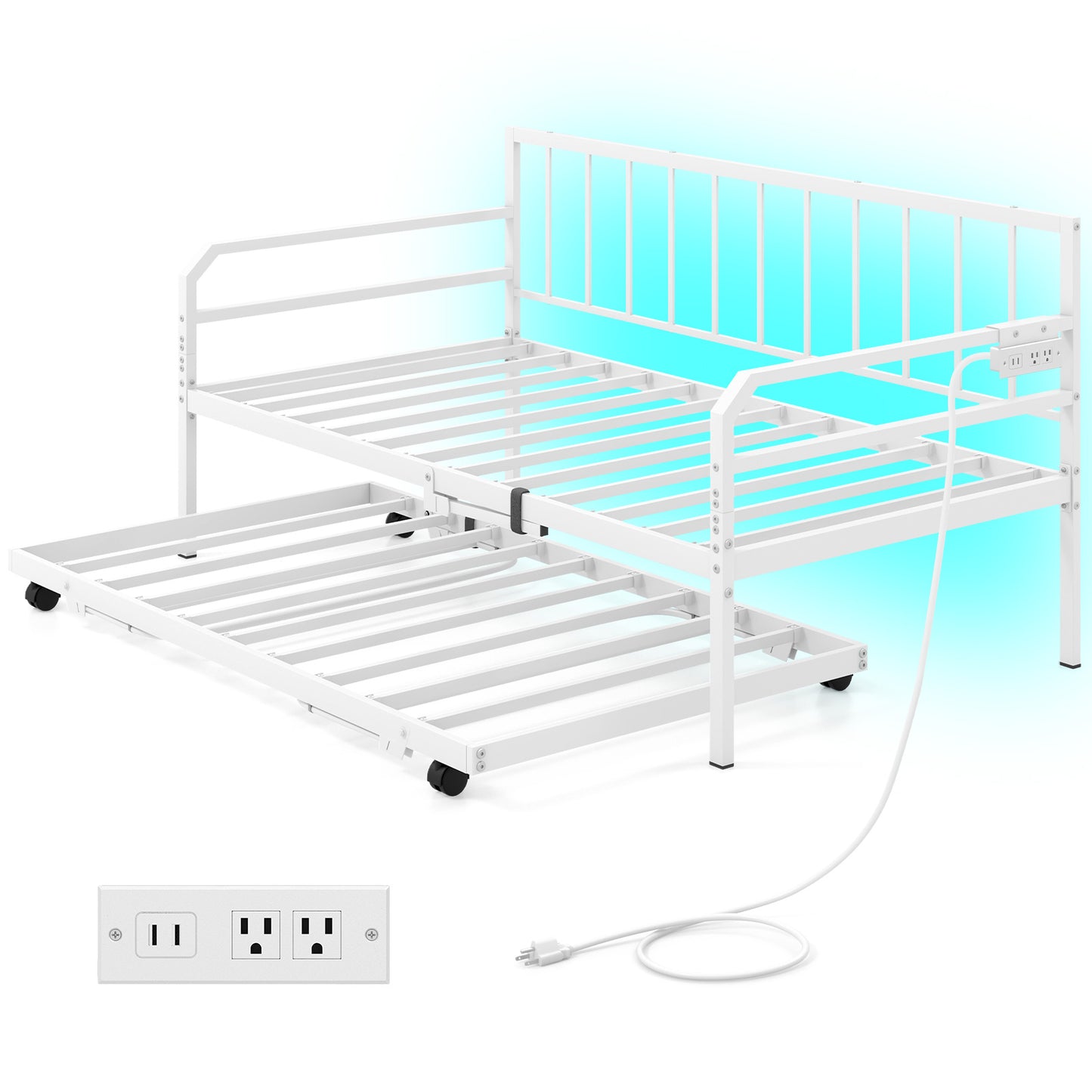 Adjustable Metal Twin Size Daybed with Charging Station and LED Light-White Kids Crystal