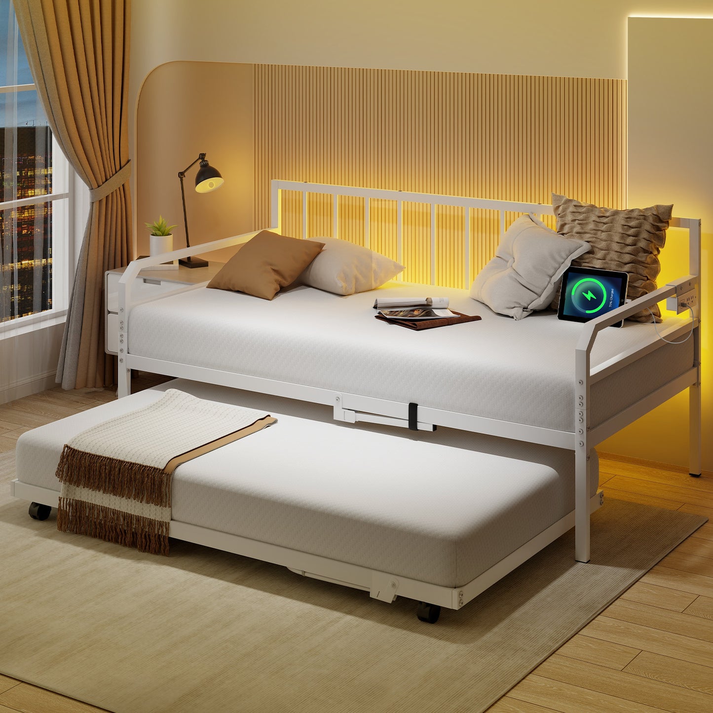 Adjustable Metal Twin Size Daybed with Charging Station and LED Light-White Kids Crystal