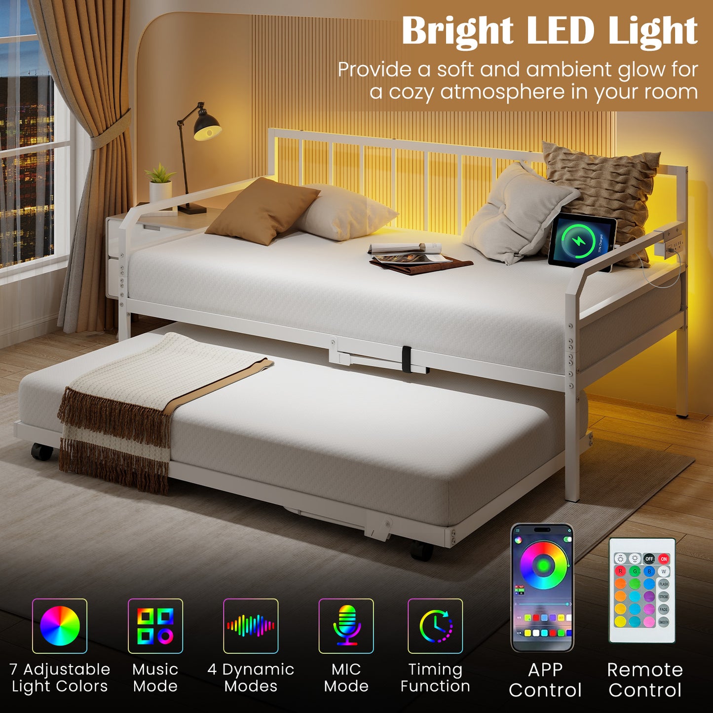 Adjustable Metal Twin Size Daybed with Charging Station and LED Light-White Kids Crystal