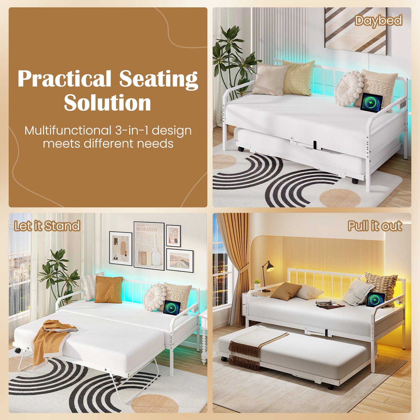 Adjustable Metal Twin Size Daybed with Charging Station and LED Light-White Kids Crystal