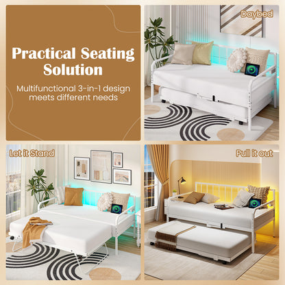 Adjustable Metal Twin Size Daybed with Charging Station and LED Light-White