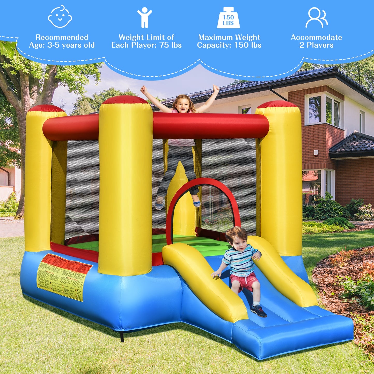 Kids Inflatable Bounce House with Slide and 480W blower Kids Crystal