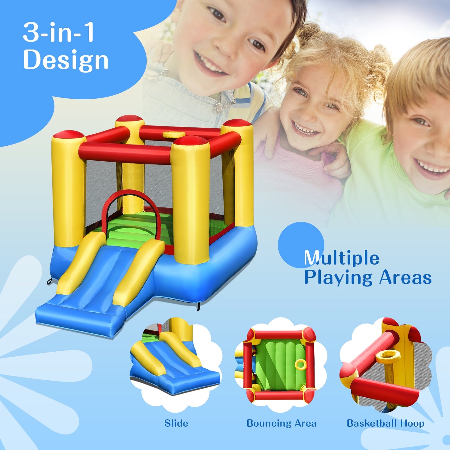 Kids Inflatable Bounce House with Slide and 480W blower Kids Crystal