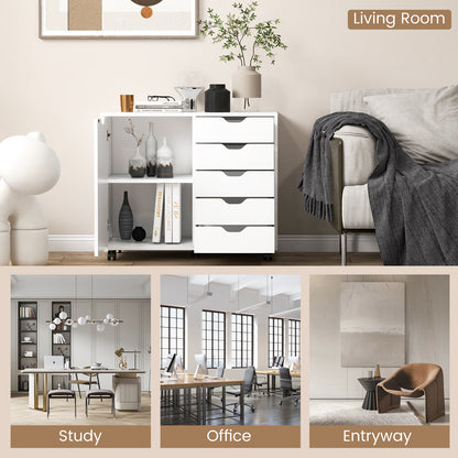 5-Drawer Dresser Chest Mobile Storage Cabinet with Door-White