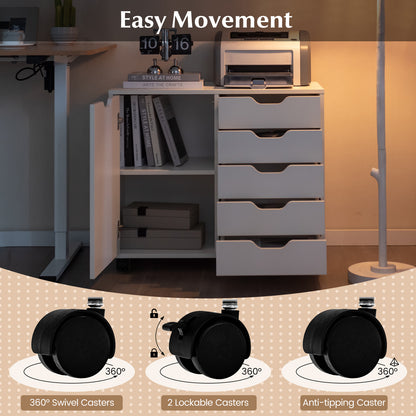 5-Drawer Dresser Chest Mobile Storage Cabinet with Door-White