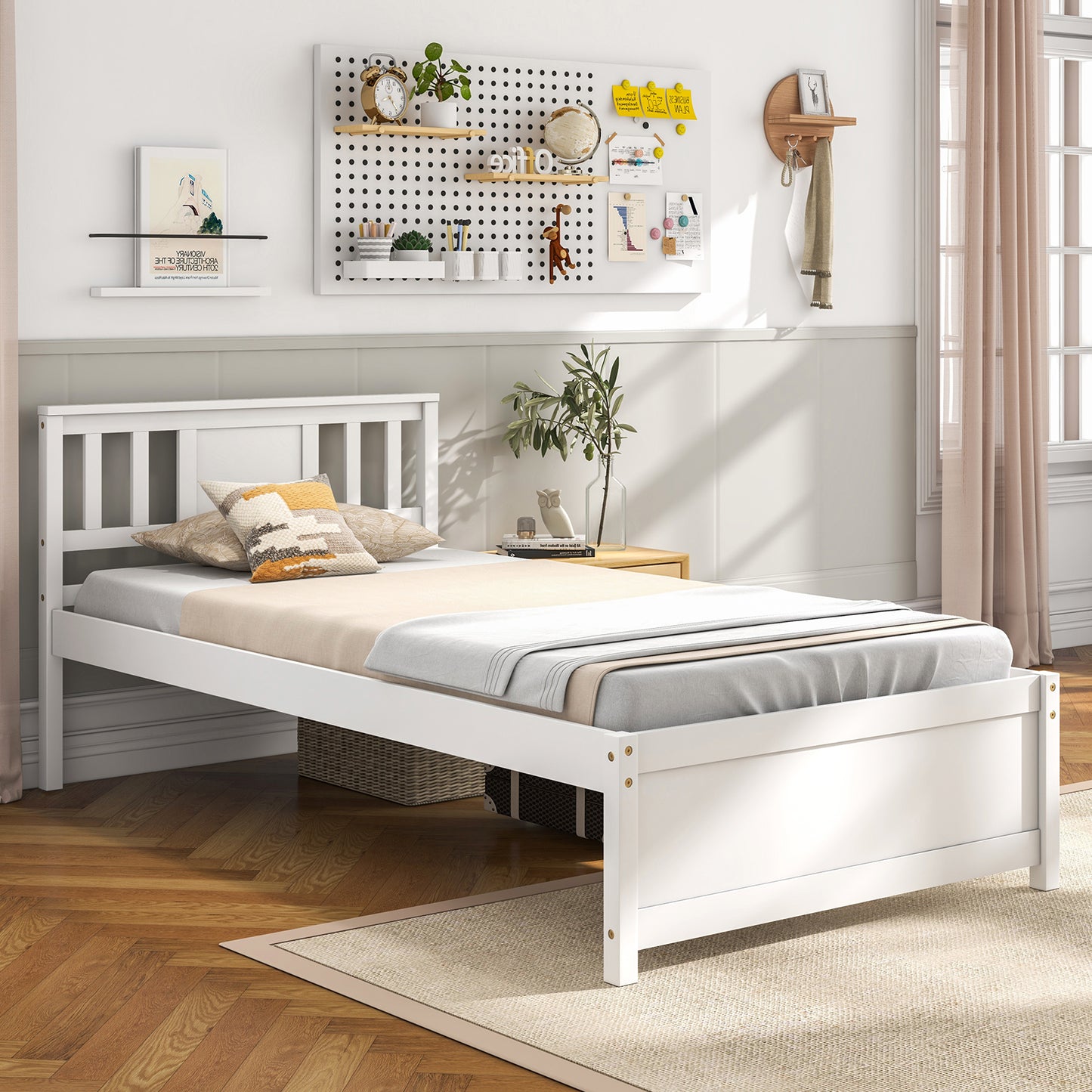 Wooden Platform Bed with Headboard and Wood Slat Support White-Twin Size Kids Crystal
