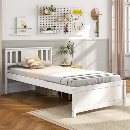 Wooden Platform Bed with Headboard and Wood Slat Support White-Twin Size