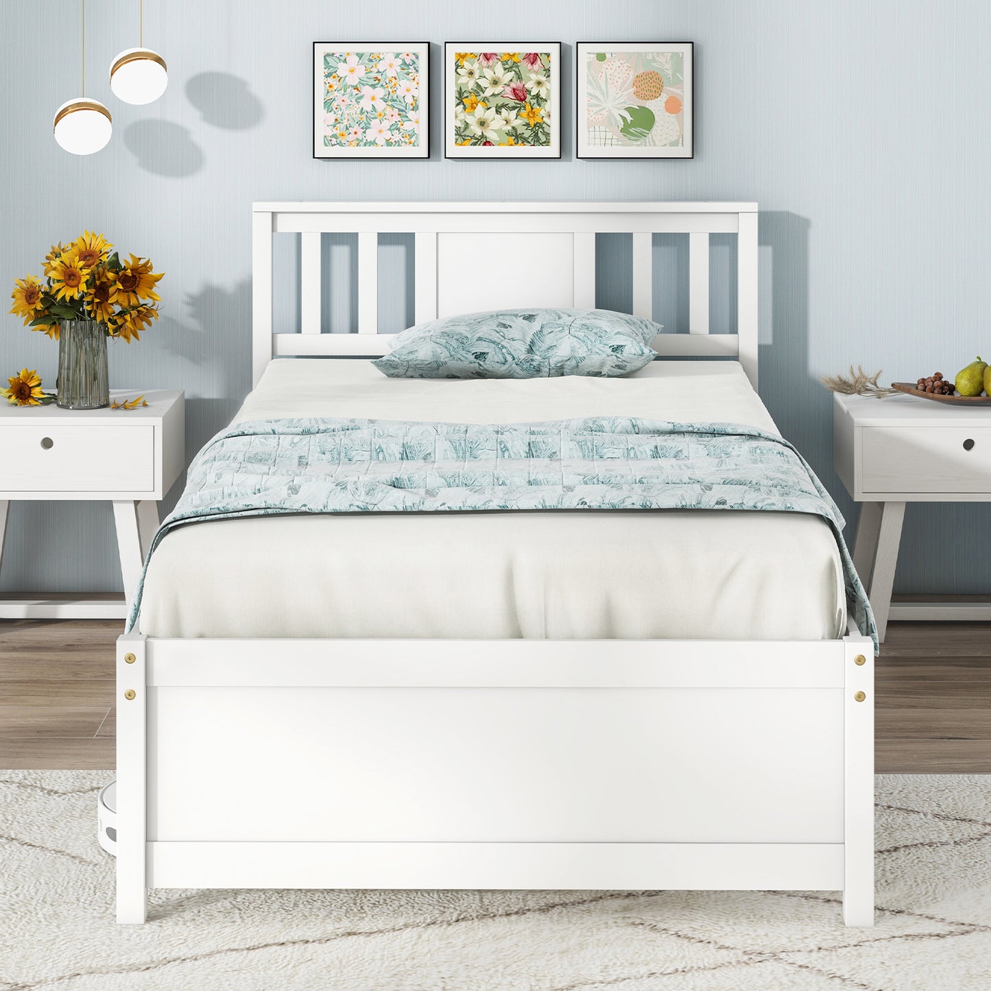 Wooden Platform Bed with Headboard and Wood Slat Support White-Twin Size Kids Crystal