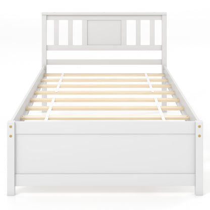 Wooden Platform Bed with Headboard and Wood Slat Support White-Twin Size