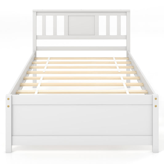 Wooden Platform Bed with Headboard and Wood Slat Support White-Twin Size Kids Crystal