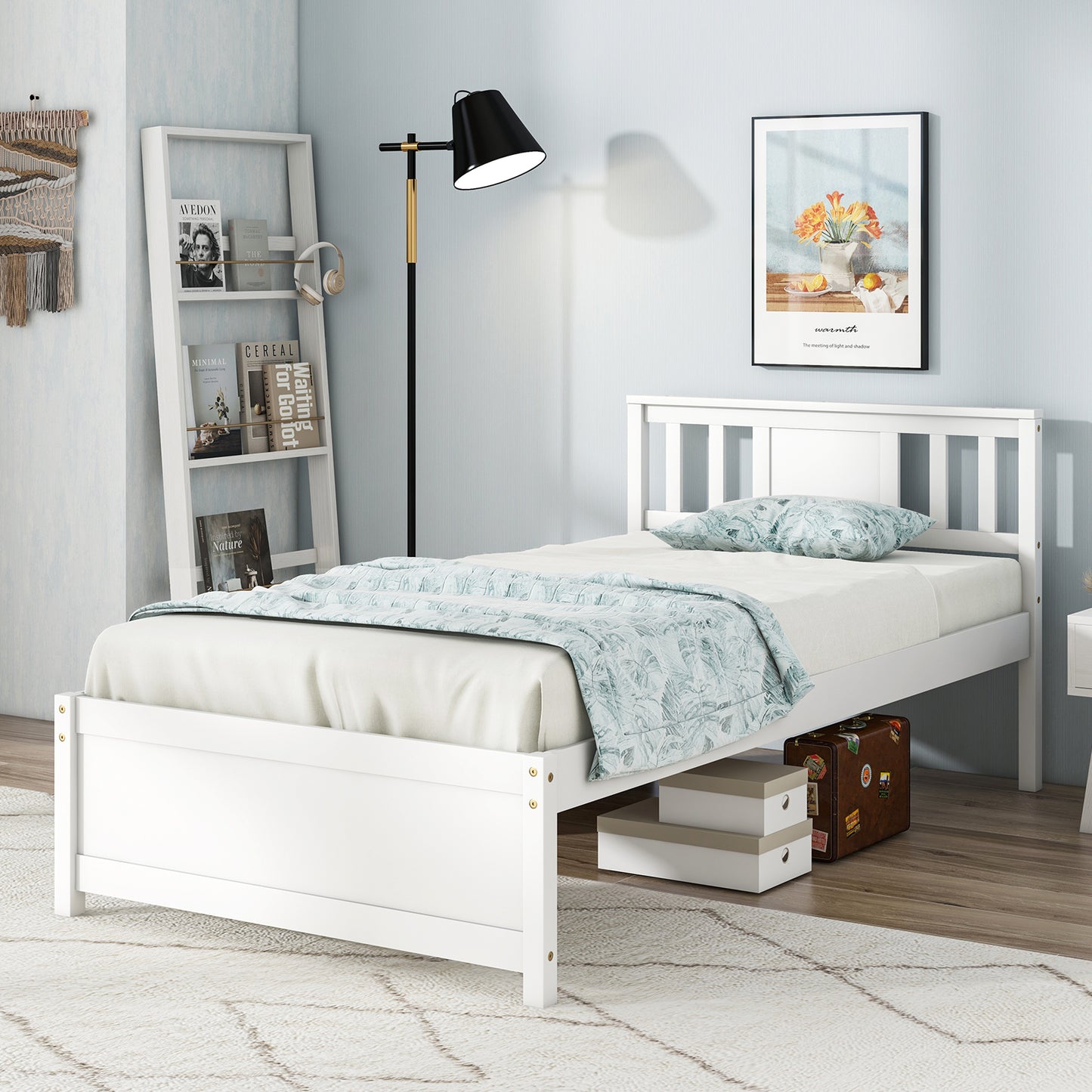 Wooden Platform Bed with Headboard and Wood Slat Support White-Twin Size Kids Crystal
