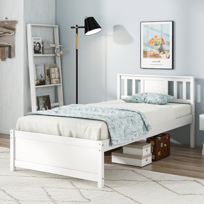 Wooden Platform Bed with Headboard and Wood Slat Support White-Twin Size