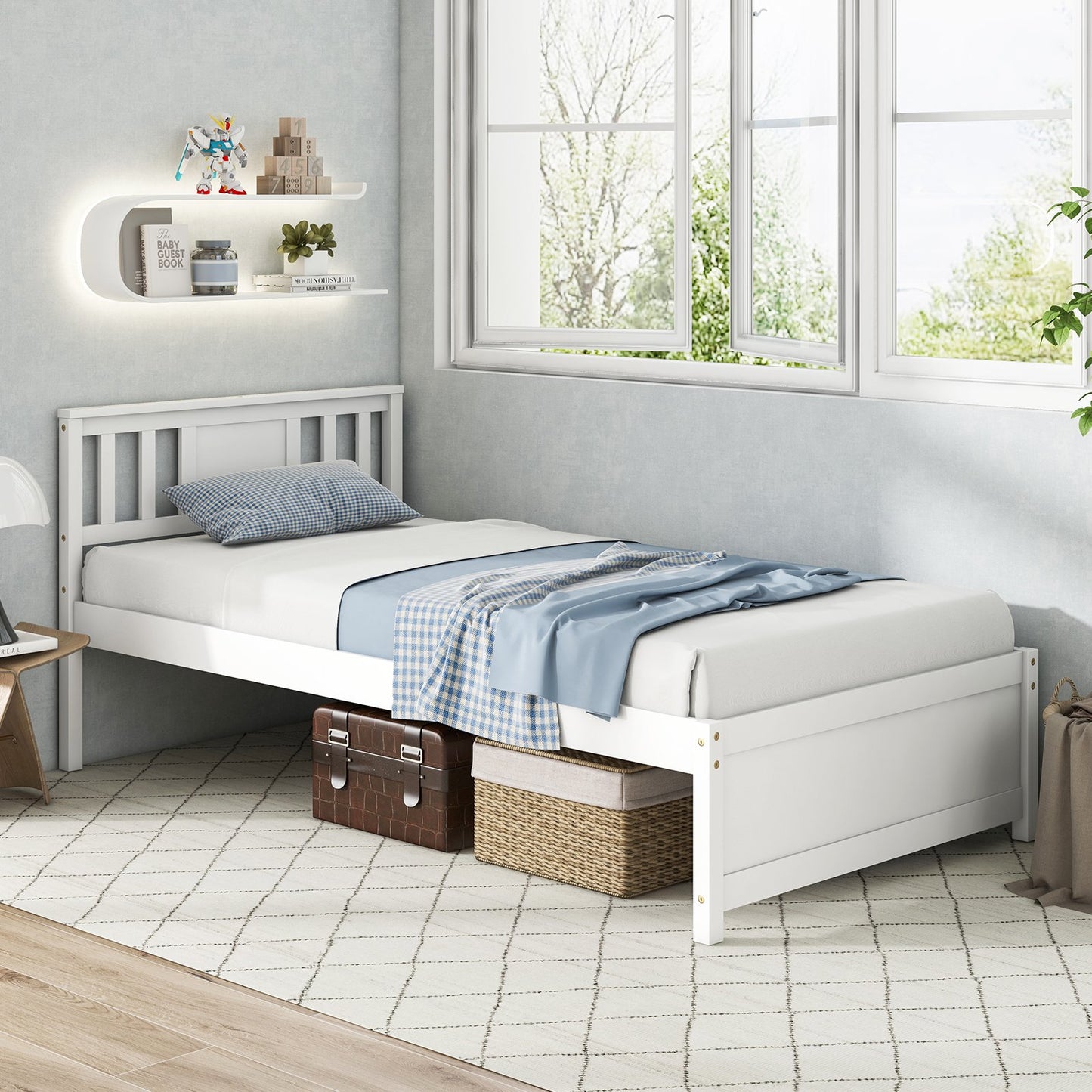 Wooden Platform Bed with Headboard and Wood Slat Support White-Twin Size Kids Crystal
