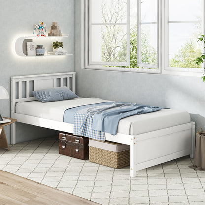Wooden Platform Bed with Headboard and Wood Slat Support White-Twin Size