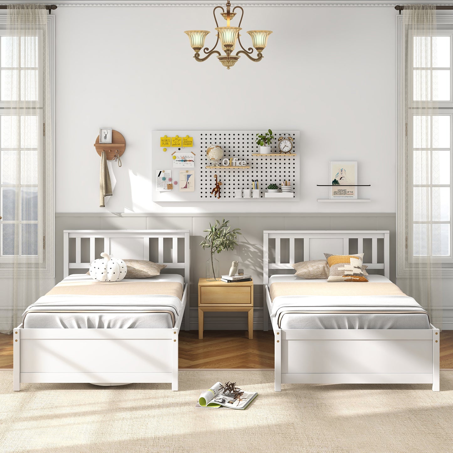 Wooden Platform Bed with Headboard and Wood Slat Support White-Twin Size Kids Crystal