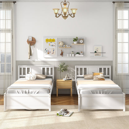 Wooden Platform Bed with Headboard and Wood Slat Support White-Twin Size
