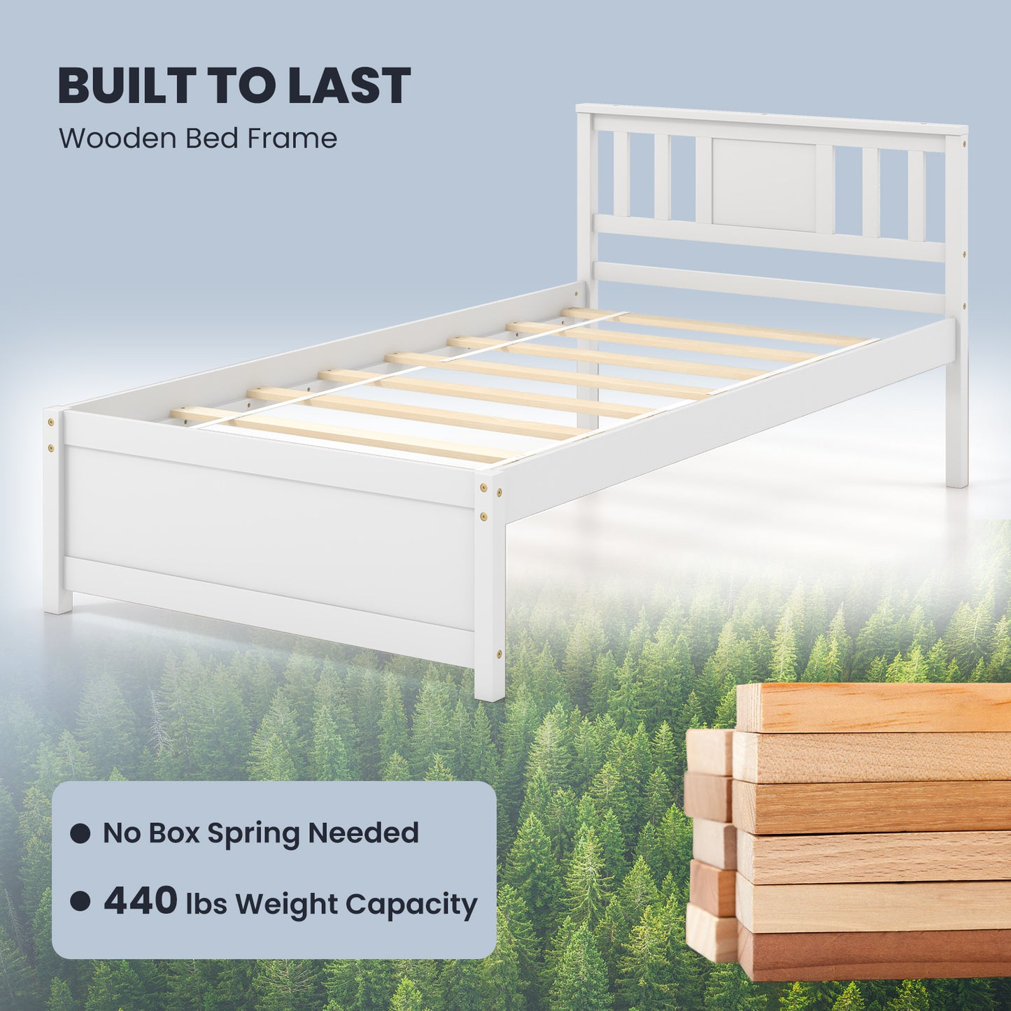 Wooden Platform Bed with Headboard and Wood Slat Support White-Twin Size Kids Crystal