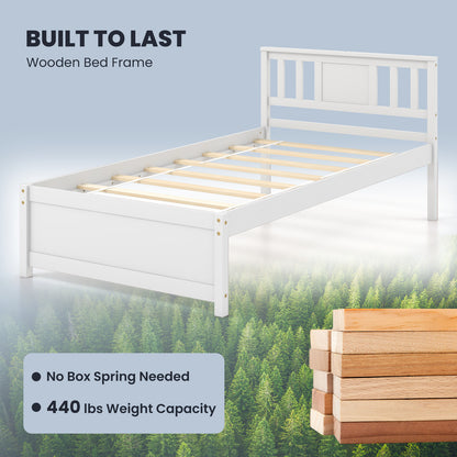Wooden Platform Bed with Headboard and Wood Slat Support White-Twin Size