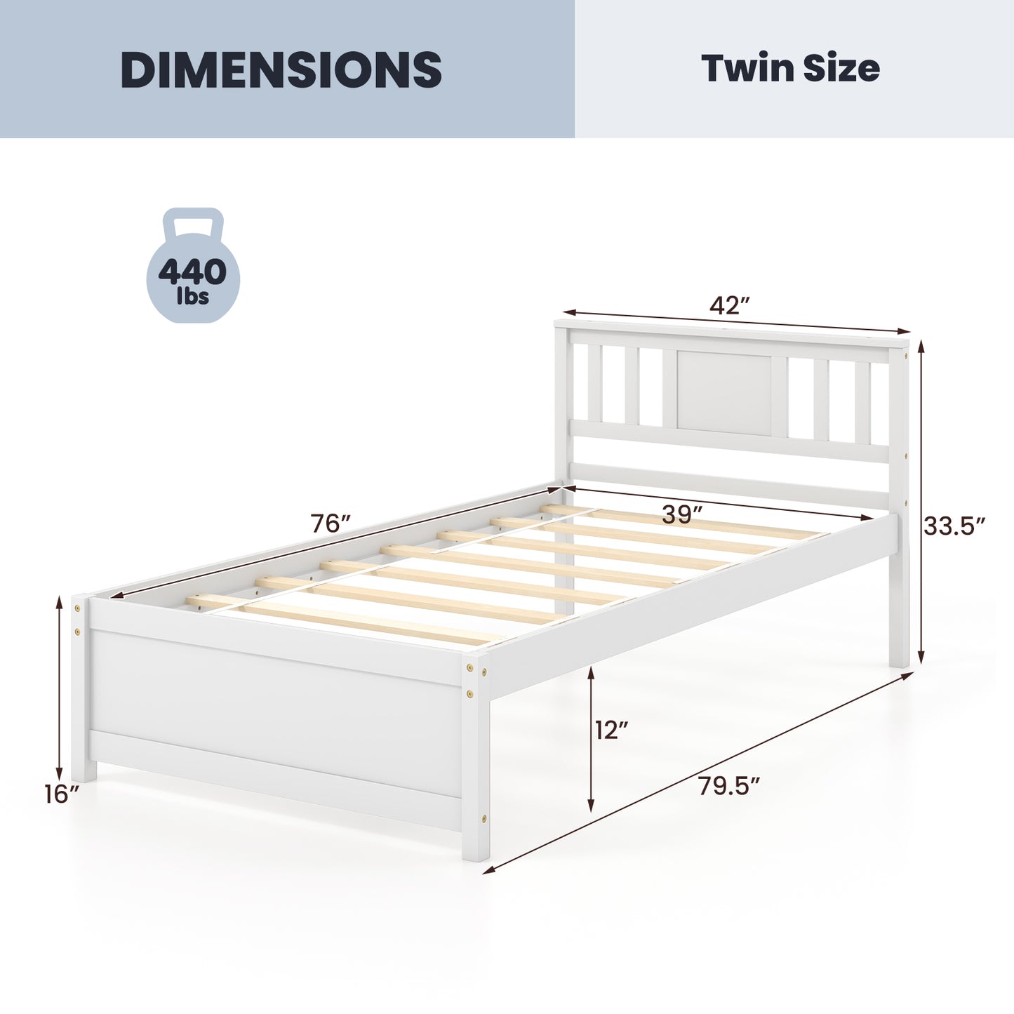 Wooden Platform Bed with Headboard and Wood Slat Support White-Twin Size Kids Crystal
