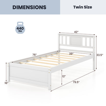 Wooden Platform Bed with Headboard and Wood Slat Support White-Twin Size