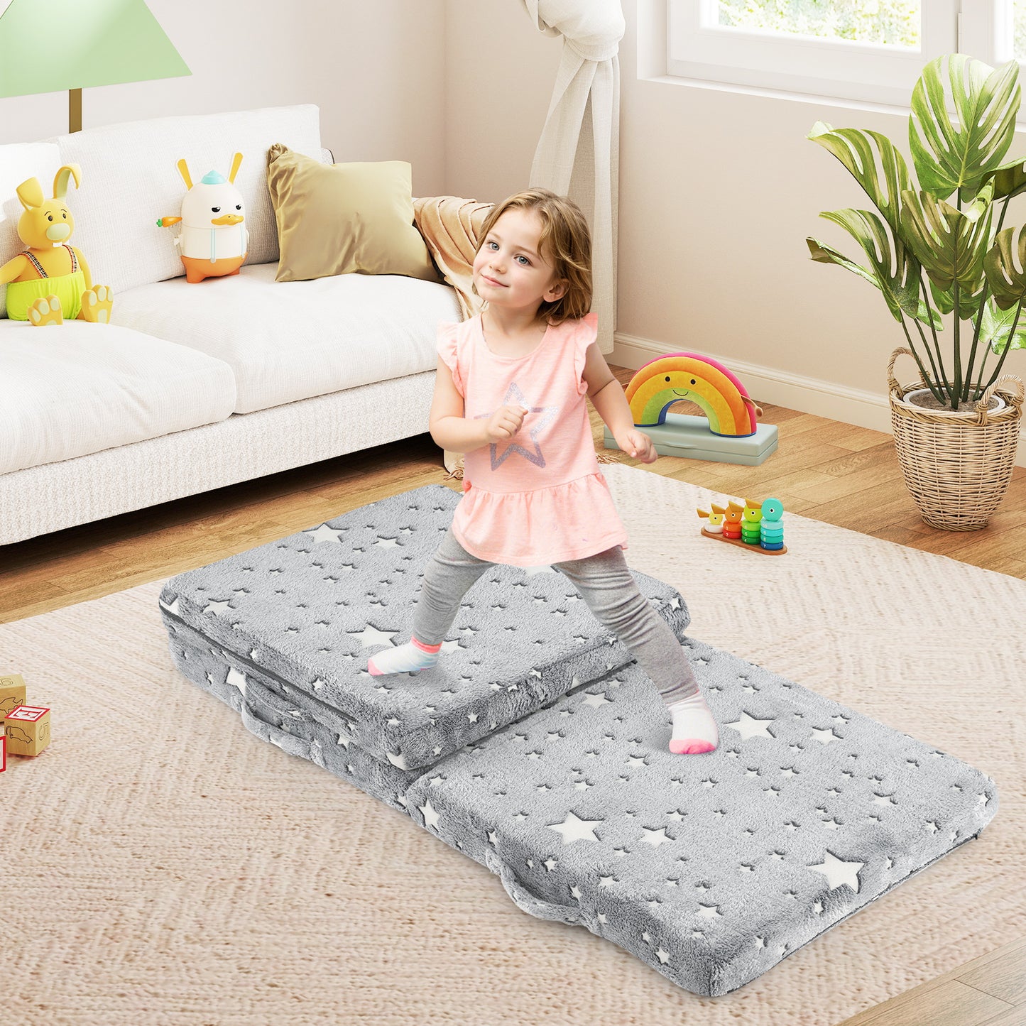 Foldable Floor Mattress for Kids with Washable Flannel Cover-Dark Gray Kids Crystal