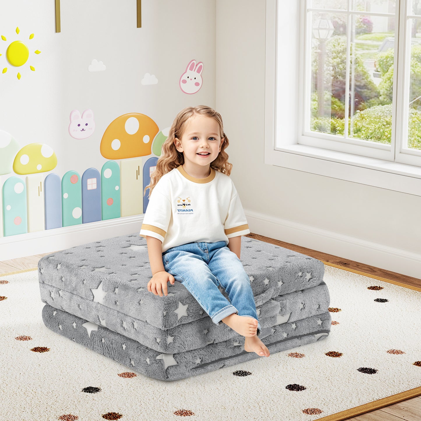 Foldable Floor Mattress for Kids with Washable Flannel Cover-Dark Gray Kids Crystal