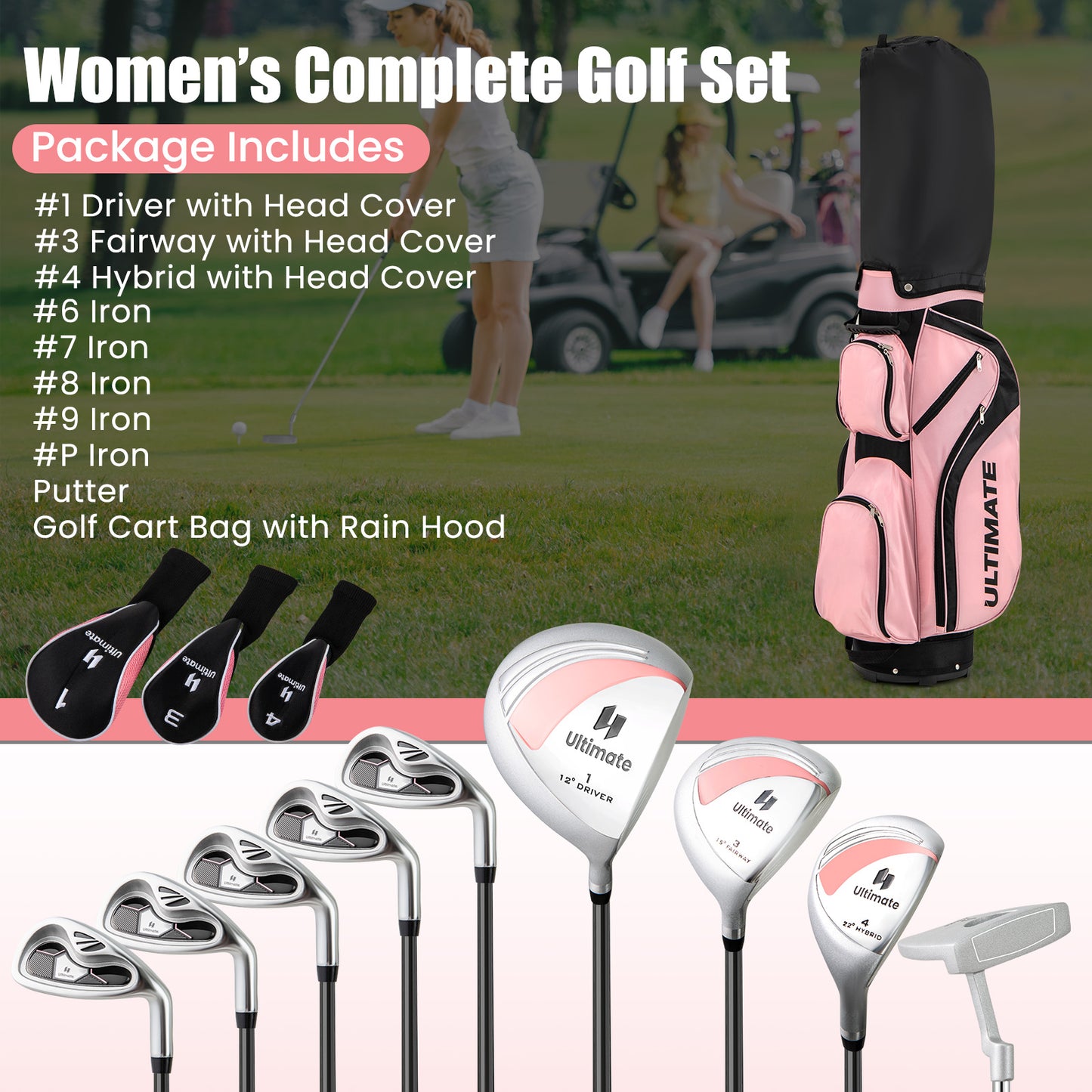 10 Pieces Womens Complete Golf Club Set with Alloy Driver Kids Crystal