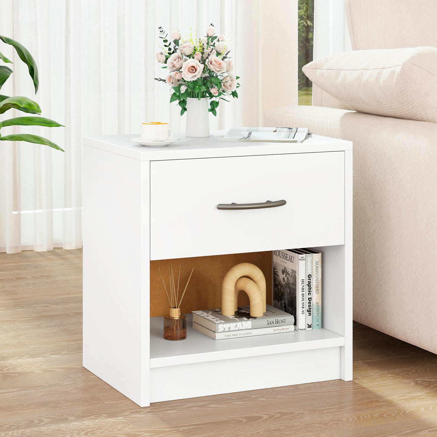 Bedside Table Nightstand with Drawer and Open Storage Shelf-White Kids Crystal