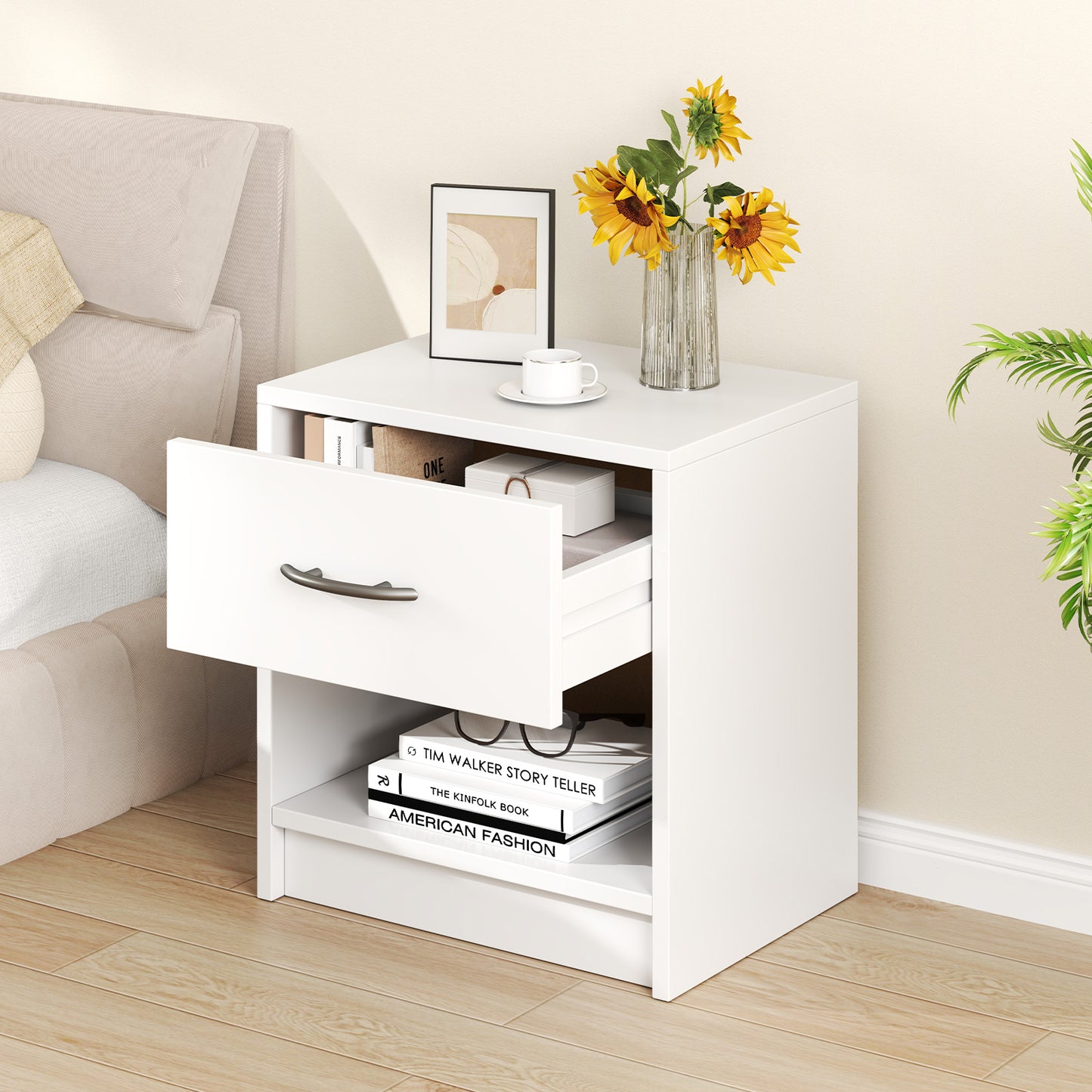 Bedside Table Nightstand with Drawer and Open Storage Shelf-White Kids Crystal