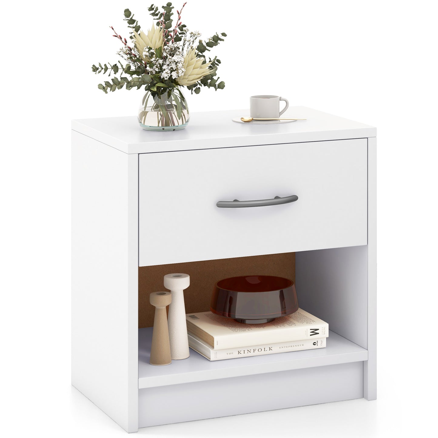 Bedside Table Nightstand with Drawer and Open Storage Shelf-White Kids Crystal