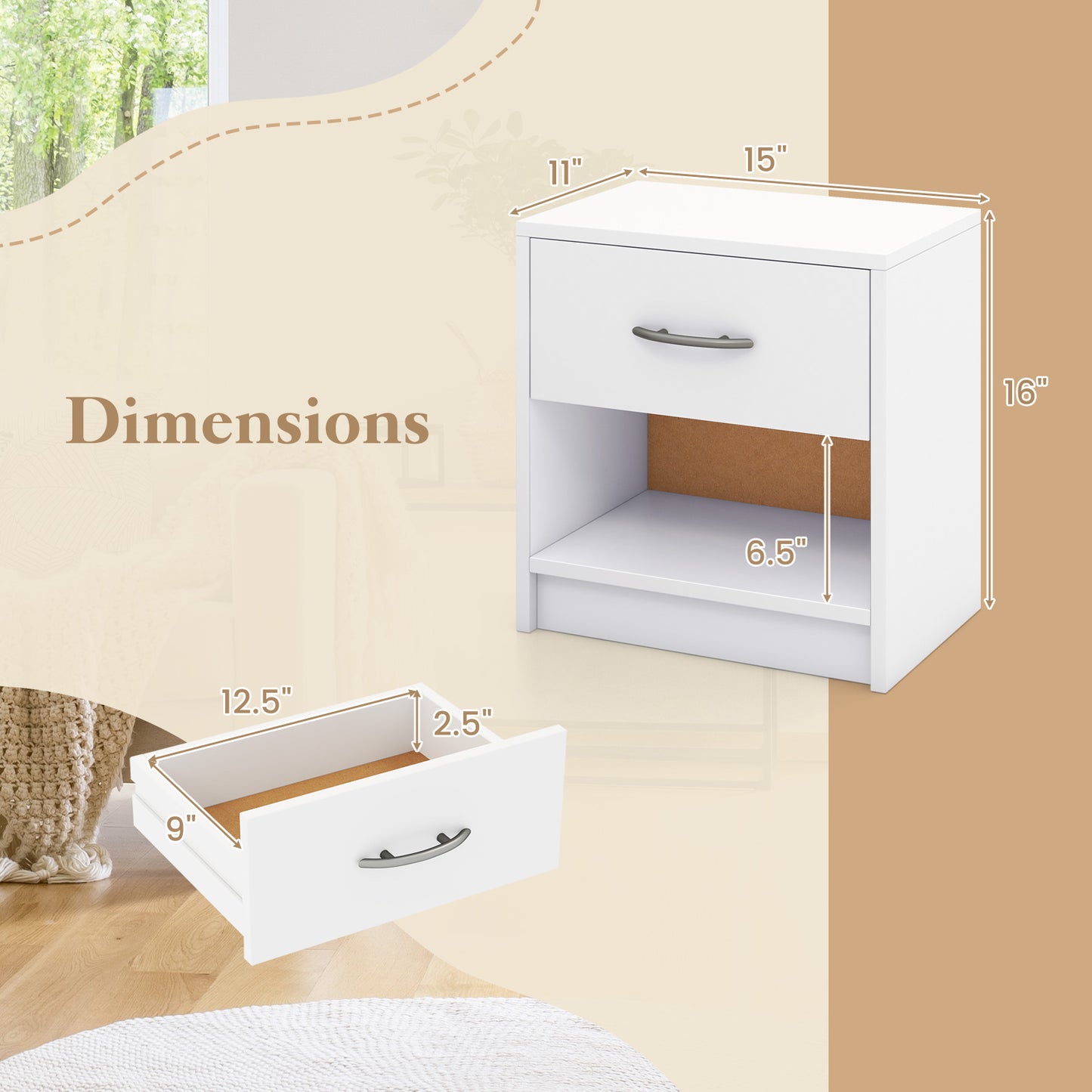 Bedside Table Nightstand with Drawer and Open Storage Shelf-White Kids Crystal