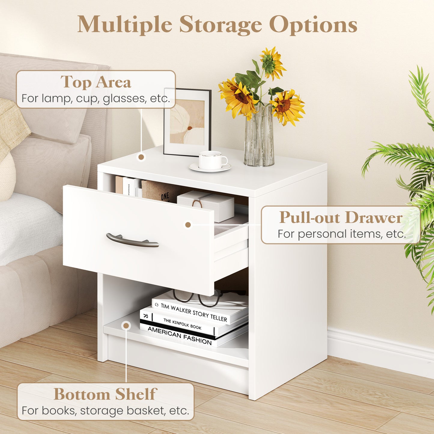 Bedside Table Nightstand with Drawer and Open Storage Shelf-White Kids Crystal