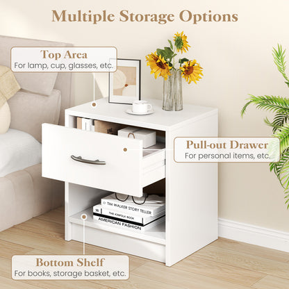 Bedside Table Nightstand with Drawer and Open Storage Shelf-White