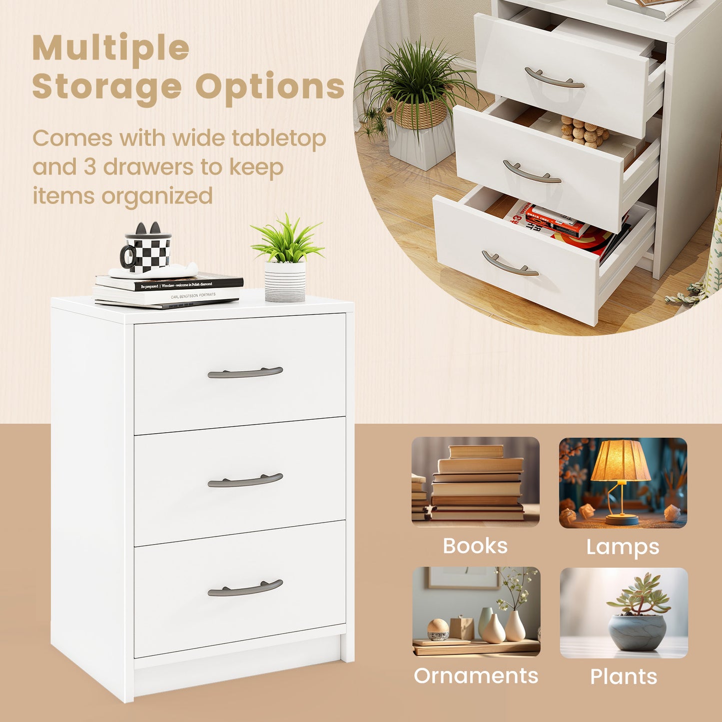 3 Drawer Nightstand with Storage for Living Room-White Kids Crystal