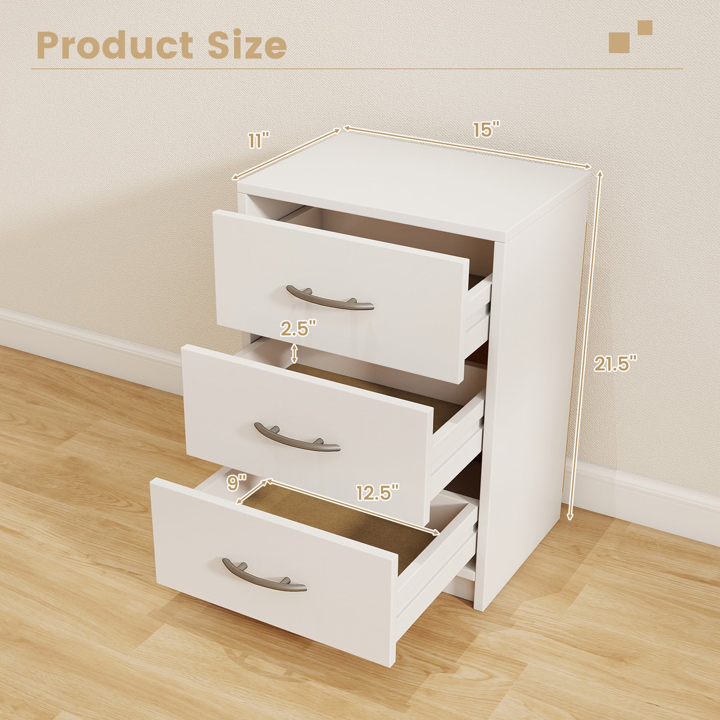 3 Drawer Nightstand with Storage for Living Room-White Kids Crystal